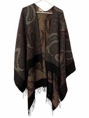 indigo soul Black & Burgundy Paisley Fringed Poncho 100% Acrylic Poncho Wrap OS
